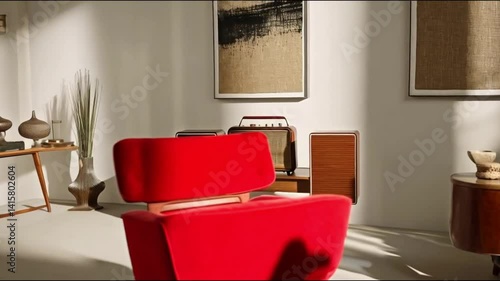 Interior view of a living room with chairs and artwork on the walls lit up