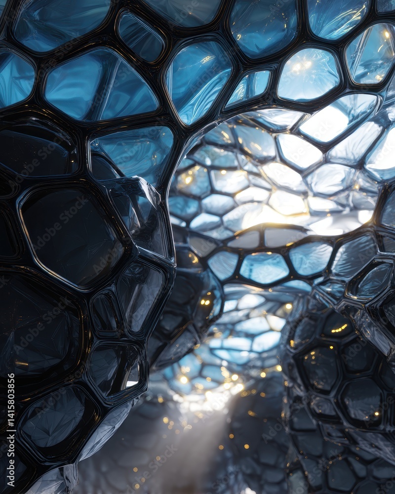 Futuristic architecture with a honeycomb pattern and light shining through. Innovative design creates a unique aesthetic. Futuristic architecture with a honeycomb pattern and light shining through. Innovative design creates a unique aesthetic.