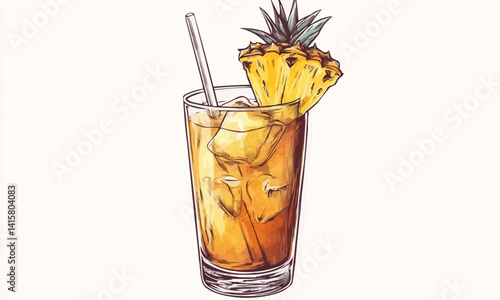 Glass of a tropical drink with a pineapple slice on top. The drink is served in a tall glass with a straw. The drink is a mix of pineapple juice and soda