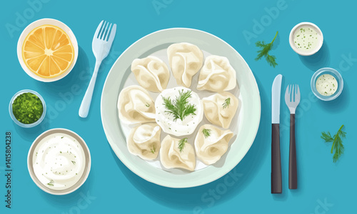 Develop a festive illustration of a table set with pelmeni served in a traditional Russian style, accompanied by sour cream, dill. Vector flat minimalistic isolated illustration.