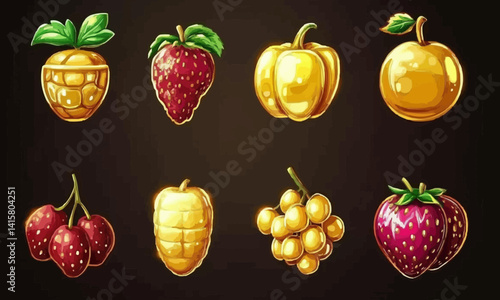 Gold game fruits isolated icons for casino slot machine. Isolated on background. Cartoon vector illustration