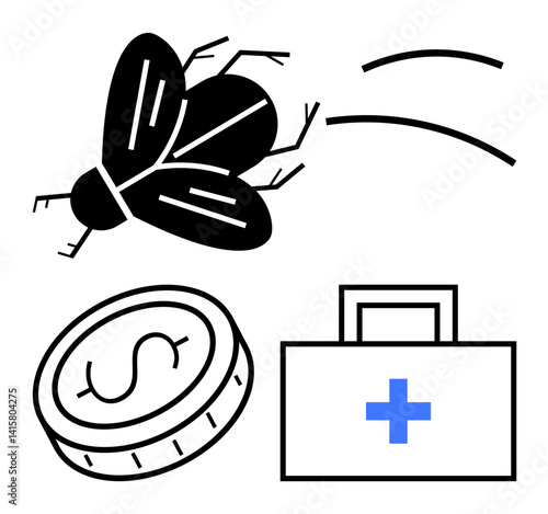 Fly in motion, coin with dollar sign, and first aid kit with medical cross. Ideal for finance, health, pest control, healthcare access, public safety, disease prevention and simple landing page