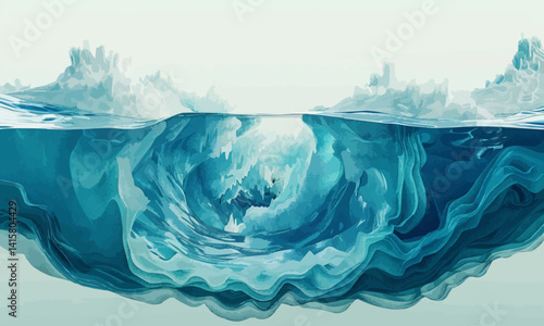 Digital graphic featuring a cross-section of a tsunami wave with detailed water dynamics illustrating the hydrodynamic aspects within the core of a tsunami. simple minimalist illustration creative