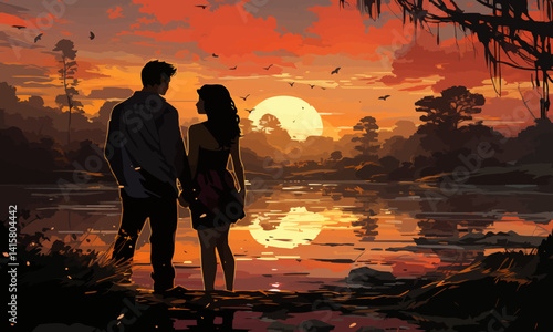 guy and girl, in love, standing near the lake, against the background of sunset, vector