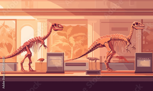 Dinosaur skeletons in a museum exhibit, Vector flat minimalistic isolated illustration