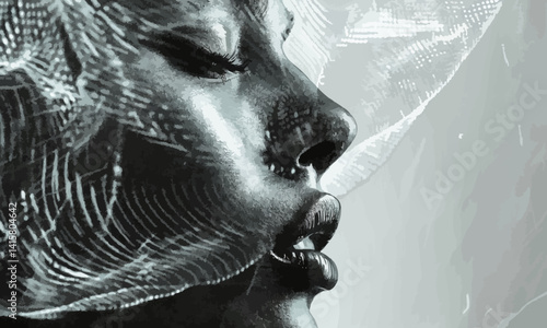 Halftone vector montage of a synthetic female face profile double exposed with a liquid silver texture
