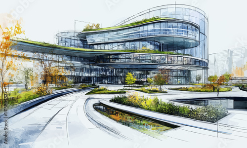 hand-drawn architectural sketch of a futuristic building with curved glass walls and green rooftop gardens conceptual