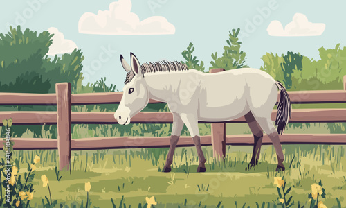Donkey grazing peacefully by a wooden fence, Vector flat minimalistic isolated illustration