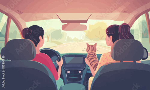Happy Mother and Daughter Enjoying a Cheerful Drive with Pet Cat on Vacation