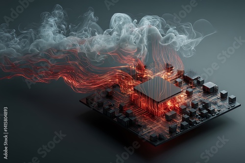 A computer chip on a motherboard with red smoke.
