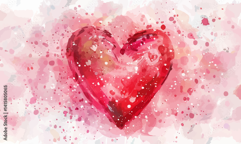 Fototapeta premium Happy Valentine's Day. Illustration of a red watercolor heart on a white background, a cute pink pattern and a minimalistic background
