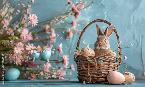 Easter basket with eggs and bunny decorated with flowers. Happy easter