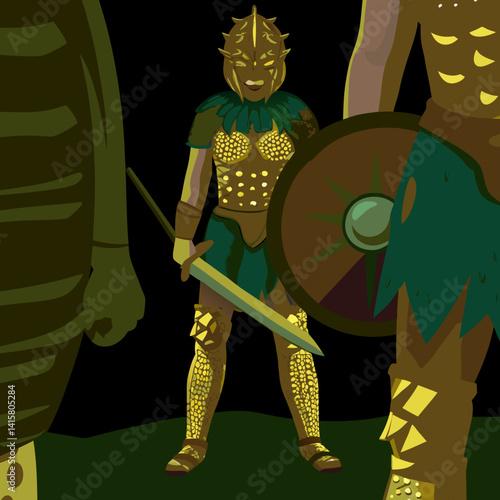 Warrior Dragon Girl in ancient armor, scales visible, striking a battle-ready pose