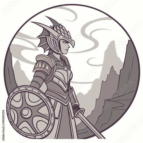 Warrior Dragon Girl in ancient armor, scales visible, striking a battle-ready pose