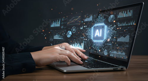 Professional workspace, business strategy, financial growth person typing on laptop with ai interface and data visualizations displayed on the screen in dark setting