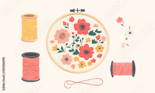 Embroidery hoop with floral patterns and thread spools, Vector flat minimalistic isolated illustration.