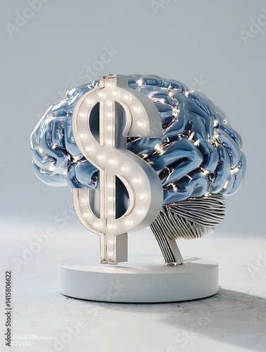 A brain sits on a round platform with a lighted symbol in front.