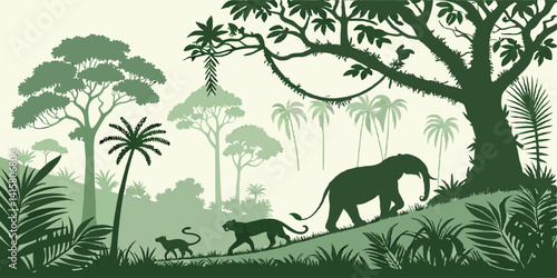 Jungle forest silhouette, rainforest background. Amazon forest scenery, african or Brazil jungle environment vector backdrop, wallpaper with palm trees, lianas, jaguar and elephant animals silhouettes