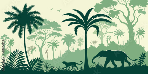 Jungle forest silhouette, rainforest background. Amazon forest scenery, african or Brazil jungle environment vector backdrop, wallpaper with palm trees, lianas, jaguar and elephant animals silhouettes