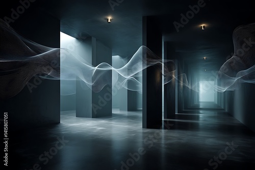 Abstract 3D Rendering of a Long Dark Hallway with White Lines and Geometric Shapes