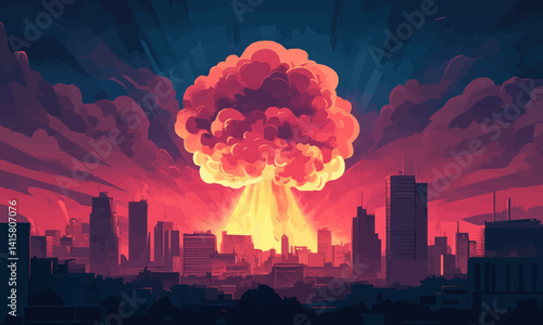 Explosion of nuclear bomb in the city. end of world illustration. Nuclear war threat concept