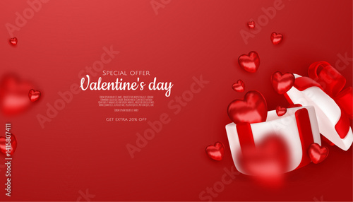 Valentines day design. Realistic gifts boxes. Open gift box full of decorative festive object. Holiday banner, web poster, flyer, stylish brochure, greeting card, cover. Romantic background