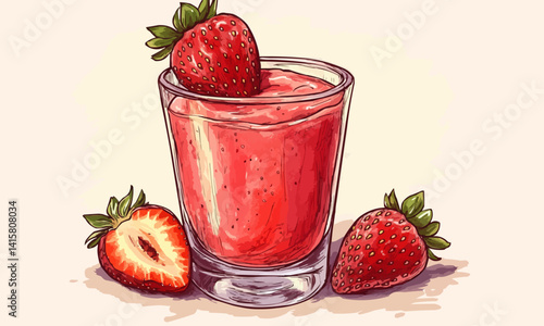Glass of strawberry smoothie with a strawberry on top. The strawberries are cut in half and arranged around the glass