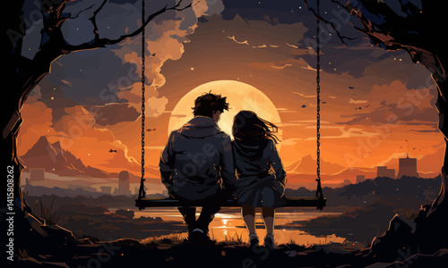 guy and girl on a swing, on the background of the moon, back view, vector