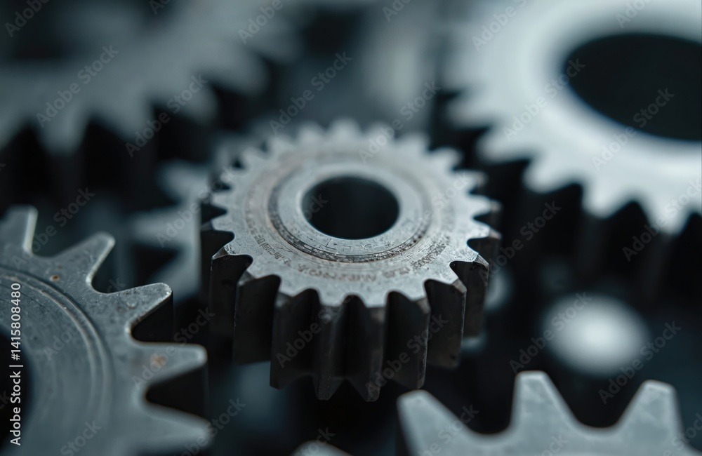 Machine gear wheels in industrial background. Steel cogs, metal parts, technology. Mechanical engineering abstract concept. Industrial design background. Selective focus on details, precise, power. Machine gear wheels in industrial background. Steel cogs, metal parts, technology. Mechanical engineering abstract concept. Industrial design background. Selective focus on details, precise, power.