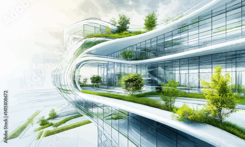 hand-drawn architectural sketch of a futuristic building with curved glass walls and green rooftop gardens conceptual