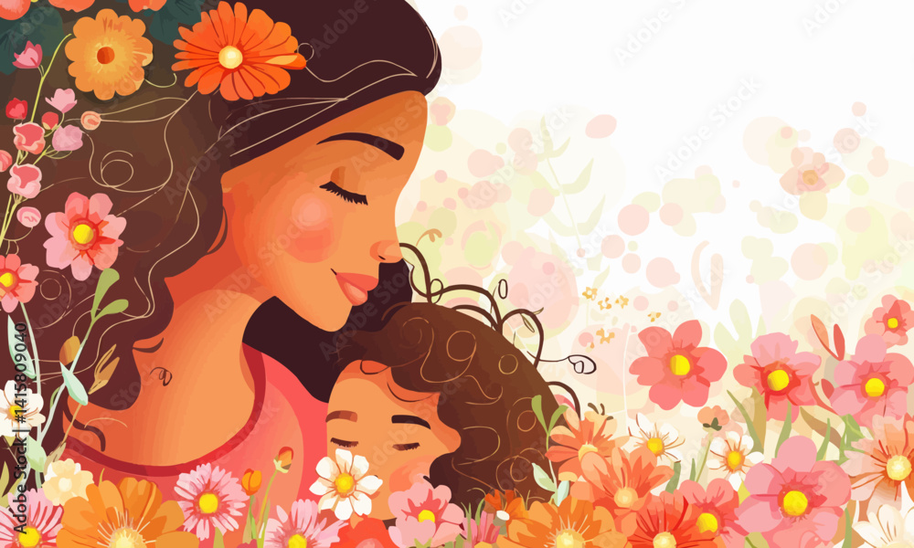 happy mothers day background with flowers beautiful young mother. Vector illustration happy mothers day background with flowers beautiful young mother. Vector illustration