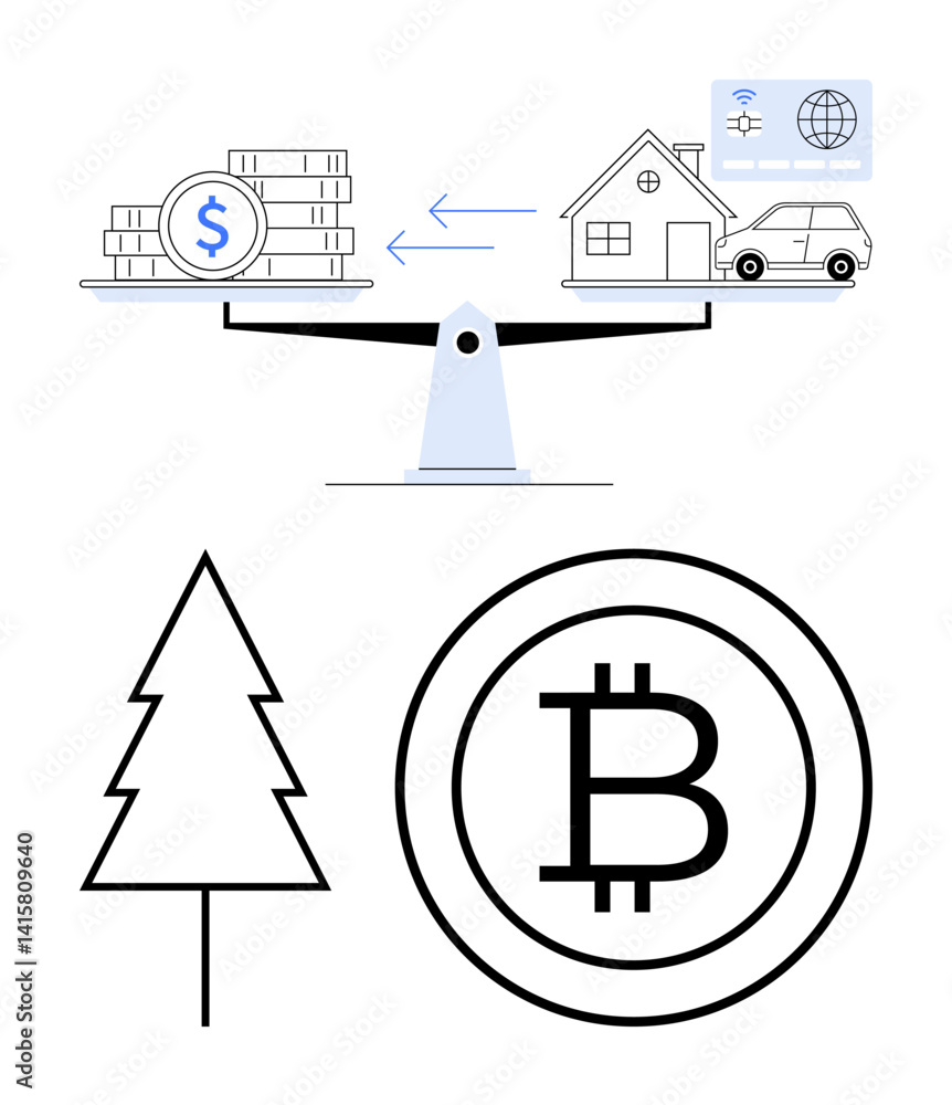 Obraz premium Scale weighing money, property, and car against cryptocurrency and tree symbol. Ideal for finance, technology, sustainability, investment, economics real estate conceptual thinking. Flat simple
