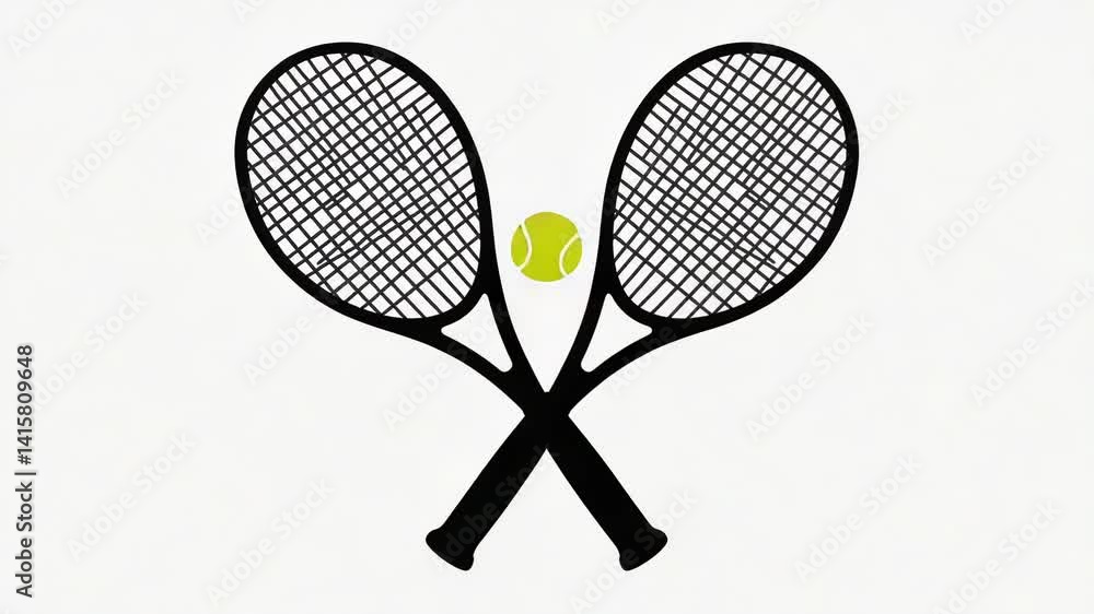 Two tennis rackets and a tennis ball on a white background, ideal for sports or fitness concepts. Two tennis rackets and a tennis ball on a white background, ideal for sports or fitness concepts.