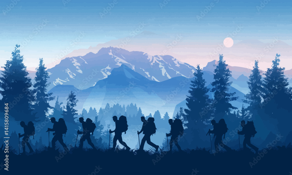 Hiking silhouette vector. Adventure silhouette vector. Mountain hiking silhouette. People with backpack vector silhouettes. Hiking group. AI generated illustration. Hiking silhouette vector. Adventure silhouette vector. Mountain hiking silhouette. People with backpack vector silhouettes. Hiking group. AI generated illustration.