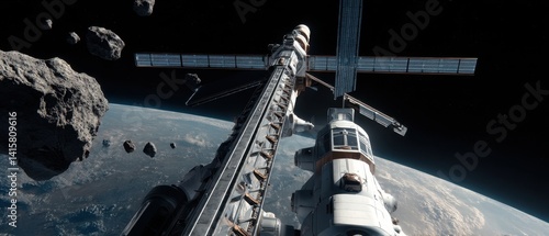 Fototapeta Naklejka Na Ścianę i Meble -  A space station orbits Earth, with asteroids scattered nearby, showcasing the integration of human technology with the cosmos.