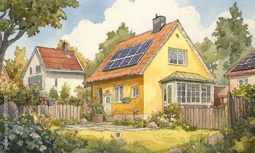 Wallpaper Mural Illustrate a serene neighborhood scene featuring a Danish house, emphasizing the back view Highlight the eco-friendly essence through watercolor techniques, portraying the solar panels with a soft, Torontodigital.ca
