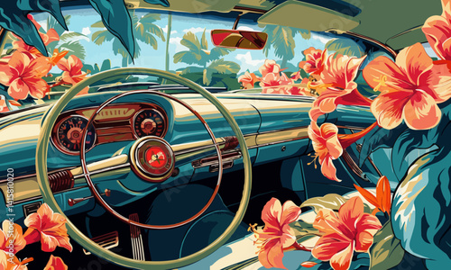 illustration of retro car interior with colorful blooming flowers and steering wheel