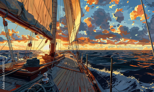 illustration of scenic view of sailboat with wooden deck and mast with rope floating on rippling dark sea against cloudy sunset sky