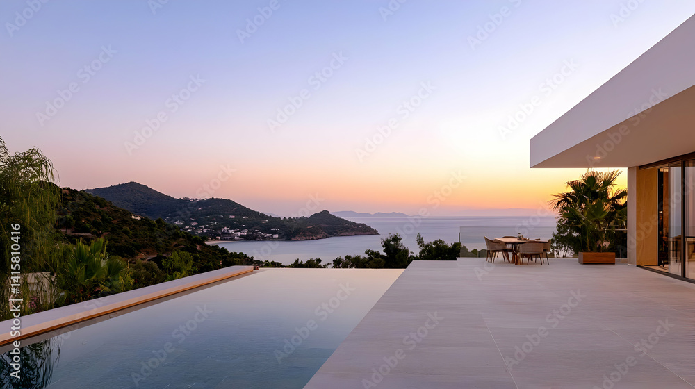 Fototapeta premium Modern Luxury Villa With Infinity Pool Sunset View