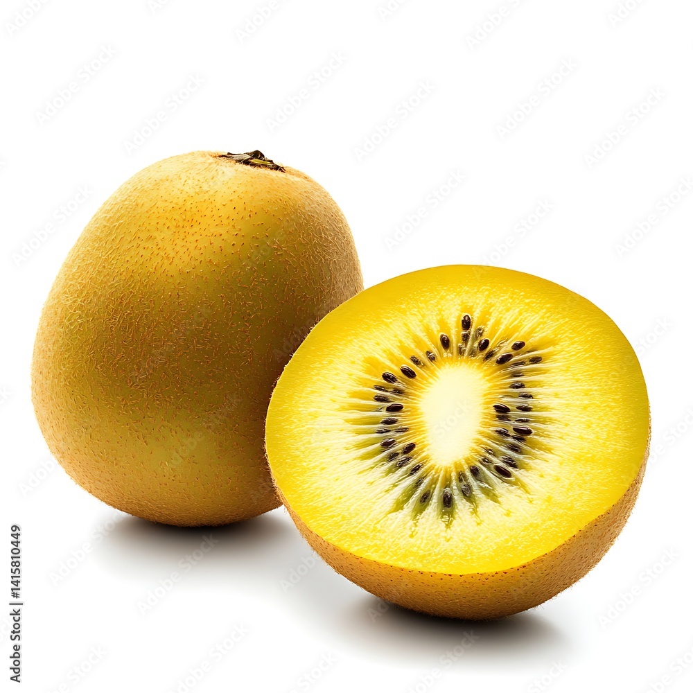 Fototapeta premium Healthy golden kiwi sliced in half showing rich green pulp