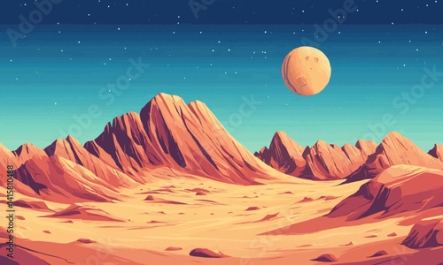 Illustration of a rocky planet with a desert landscape mountain range and sand dunes