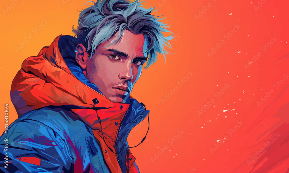 Naklejka premium illustration of stylish modern male with dyed hair wearing bright warm jacket against two colored background
