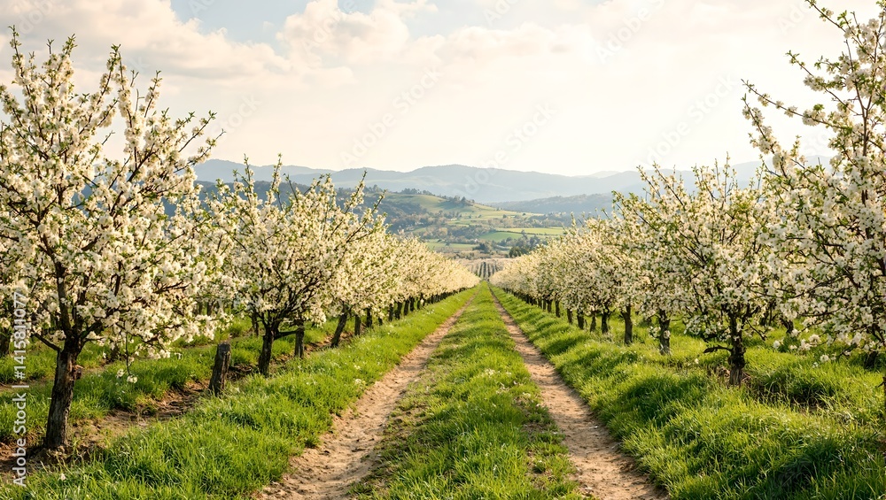 Naklejka premium Explore a serene ancient orchard in full bloom with blossoming fruit trees winding paths and pastel skies overlooking rolling hills
