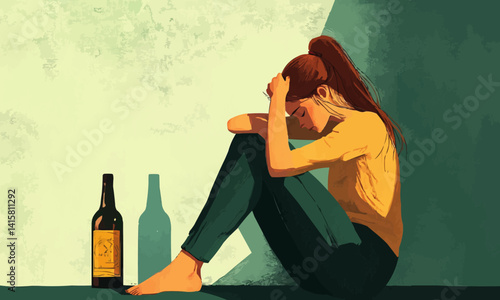 Illustration of woman sitting sad and depressed next to alcohol bottle. Alcoholism awareness month