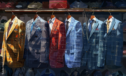 illustration of selection of luxurious men checkered suits on hangers in a high end fashion stores tailoring section
