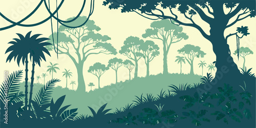 Jungle landscape. Layered background with rainforest. Parallax effect. Horizontal blue panoramic backdrop with lianas, palms, trees and bushes