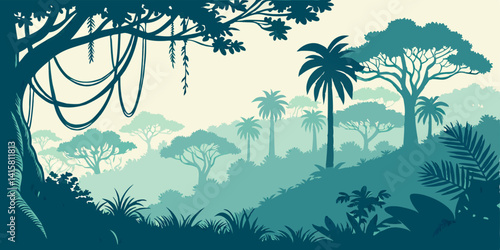 Jungle landscape. Layered background with rainforest. Parallax effect. Horizontal blue panoramic backdrop with lianas, palms, trees and bushes