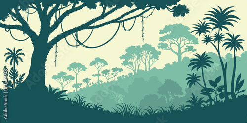 Jungle landscape. Layered background with rainforest. Parallax effect. Horizontal blue panoramic backdrop with lianas, palms, trees and bushes