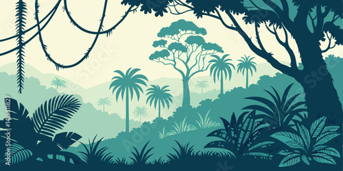 Jungle landscape. Layered background with rainforest. Parallax effect. Horizontal blue panoramic backdrop with lianas, palms, trees and bushes