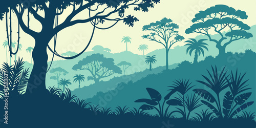 Jungle landscape. Layered background with rainforest. Parallax effect. Horizontal blue panoramic backdrop with lianas, palms, trees and bushes